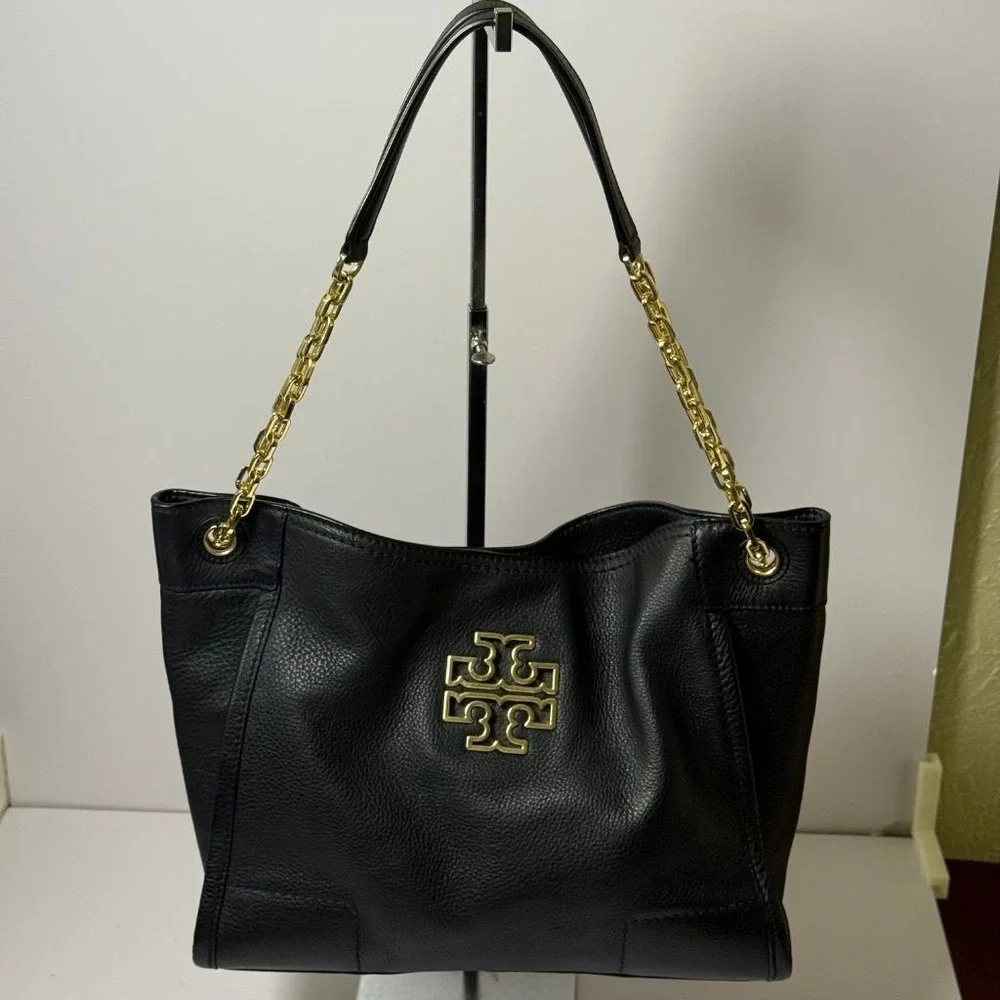 Tory Burch Britten Black Pebbled Leather Chain Tote Shoulder Bag Gold Hardware